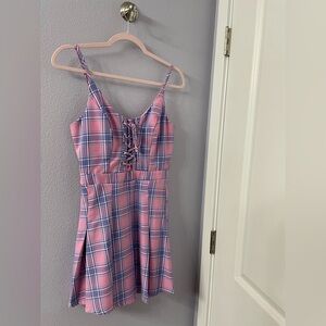 Hot Topic Pink and Blue Plaid Lace-Up Dress